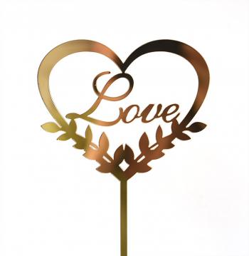 Topper z plexi serce listki z napisem Love, zoty (12 cm) - Mill Art