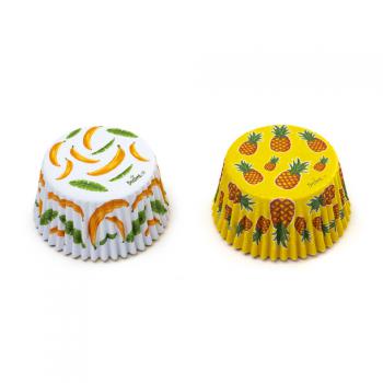 Papilotki do muffinów w kolorach białym i żółtym z motywem tropikalnych wzorów (36 szt. w opakowaniu) - Decora