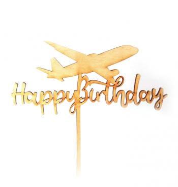 Topper ze sklejki Samolot z napisem Happy Birthday (12 cm) - Mill Art
