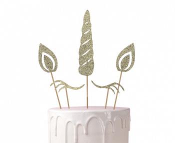Piker, topper, dekoracja na tort jednorożec, złoty brokat (5 elementów) - Godan
