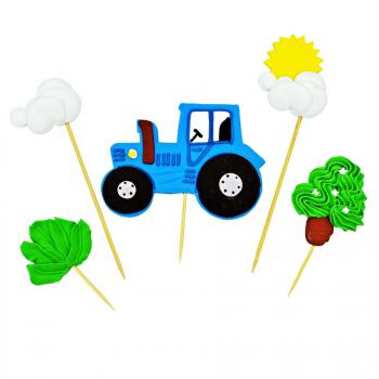 Figurki cukrowe traktor, drzewa i chmury, toppery na patyczkach - Slado