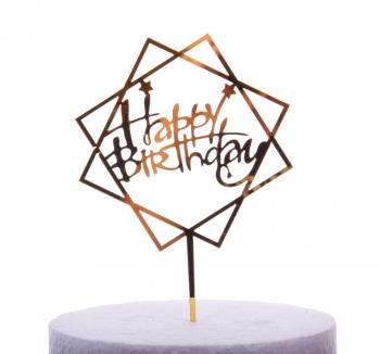Topper akrylowy Happy Birthday, kwadraty (10.5 cm), zoty - Cake