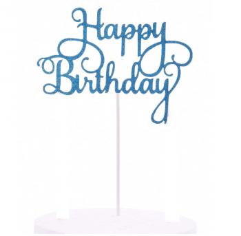 Topper papierowy na tort happy birthday, niebieski brokat - Cake