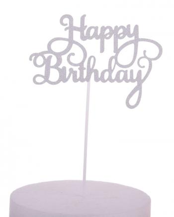 Topper papierowy na tort happy birthday, srebrny brokat - Cake