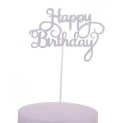 Topper papierowy na tort happy birthday, srebrny brokat...