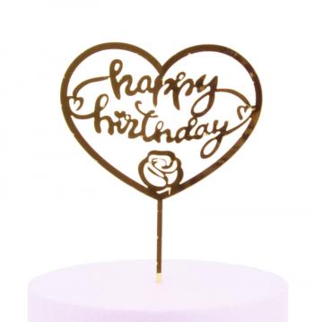 Topper akrylowy napis Happy Birthday w sercu (9 cm) zoty - Cake