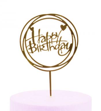 Topper akrylowy napis Happy Birthday w okrgu (10 cm) zoty - Cake